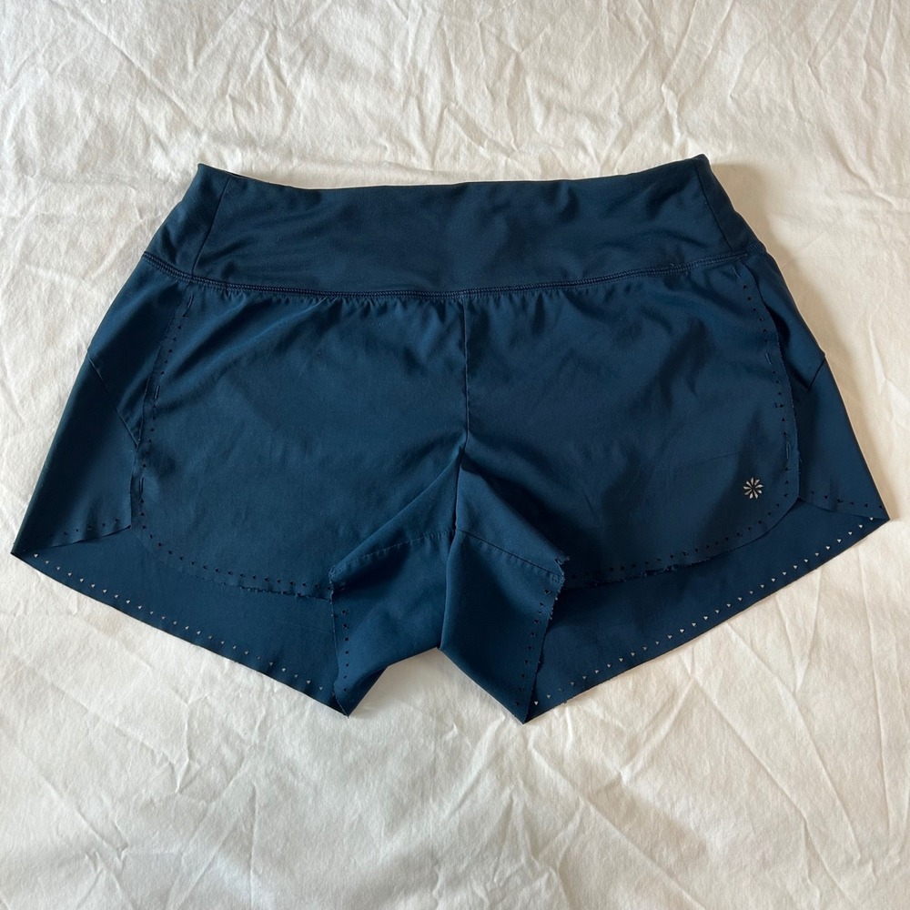 Athleta Teal Blue Athletic Shorts Laser Cut Hem Pockets Zipper Back Size S